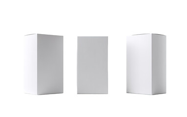 Three blank, light gray, rectangular boxes, slightly angled, presented in a row against a black background