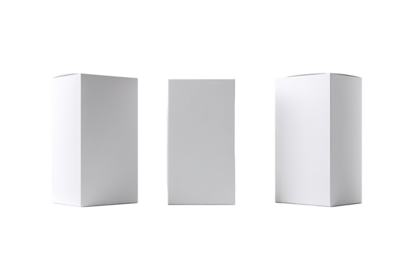 Three blank, light gray, rectangular boxes, slightly angled, presented in a row against a black background