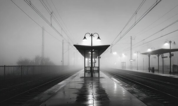 Foggy train station at night
