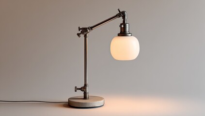 Industrial-style desk lamp with a round opal glass shade
