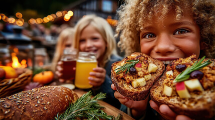 Children enjoying autumn picnic with fresh bakery pastries and juice in warm composition filled with joyful smiles and cozy outdoor lights