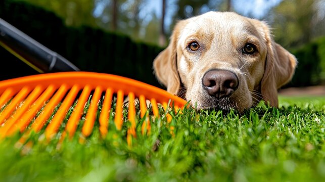 A dog happily rakes weeds in an open and safe garden, ensuring a pet-friendly space free from dangerous plants.