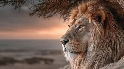 Majestic male lion with a thick mane looking out over a vast landscape at sunset