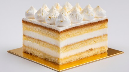 Cake slice layered with cake and cream adorned with piped cream and gold flakes sits on a gold plate