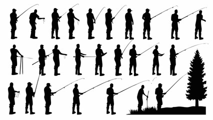 Obraz premium Versatile silhouette collection of fishermen casting lines for outdoor adventure and relaxing hobby