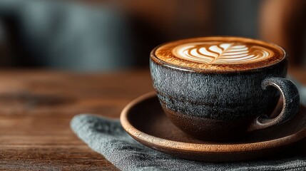 Closeup of a steaming cup of latte coffee with intricate foam art on a wooden table
