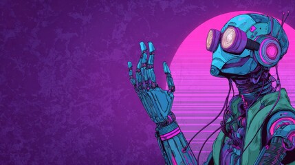 A futuristic robotic character with vibrant neon colors poses against a retro-styled backdrop, embodying the essence of artificial intelligence and technology.