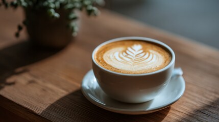 Cappuccino in a white cup on wooden table with latte art plant behind it