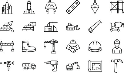 Construction industry icons including buildings tools equipment and safety gear vector