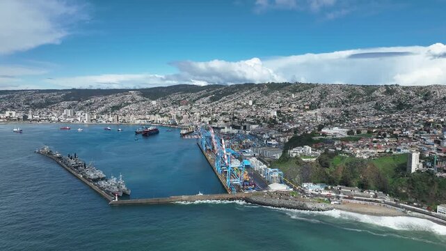 Valparaiso, Chile. Aerial view of the beach, harbor, coastline.