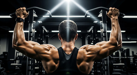 A powerful rear view of a muscular man doing a pull-up exercise in a gym. His well-defined lats, trapezius, and biceps are prominently featured as he lifts his body