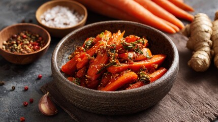 Carrot dish in bowl garnished with sesame seeds on gray table with ingredients nearby