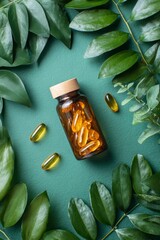 Capsules sit near a bottle framed by leaves against a green surface
