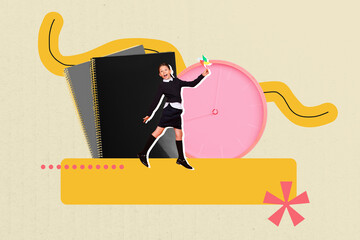 Composite 3D photo collage design trend sketch of young girl walk hold toy clock copybook september...