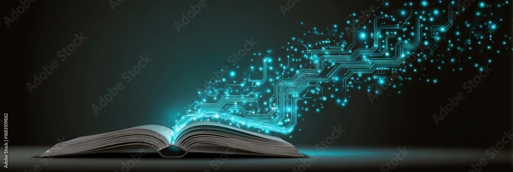 Poster an open book emits a radiant flow of digital circuits and sparkles, representing the fusion of liter