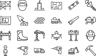 Construction industry icons including tools equipment and safety gear building