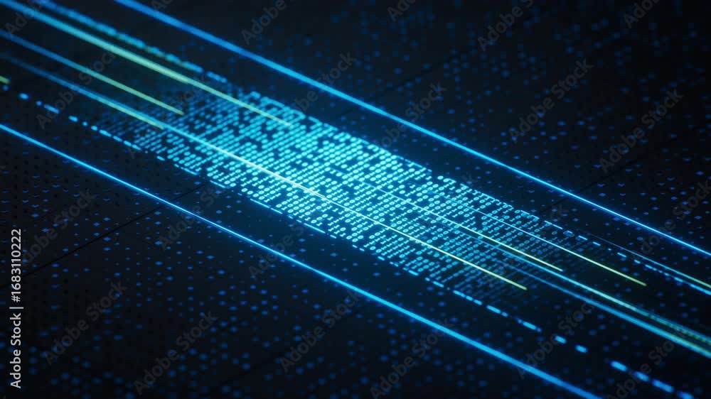 Poster technology circuit board with glowing binary data, 3d rendering.