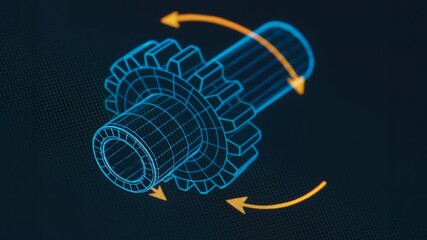 Digital gear shaft blueprint engineering education innovation 3d model schematic with rotating arrows conveying mechanical learning progress