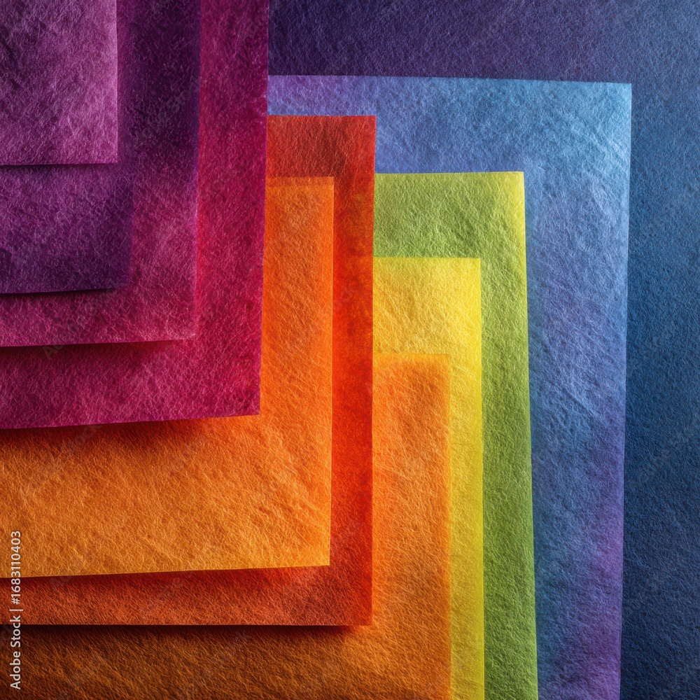 Poster artistic shot of layered tissue paper sheets in gradient colors, abstract background with light and 