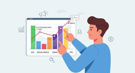 Business Growth Chart with Man Pointing at Increasing Data Trends