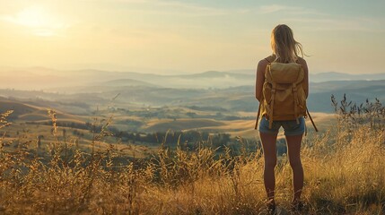 Woman hiker admires sunrise over rolling hills