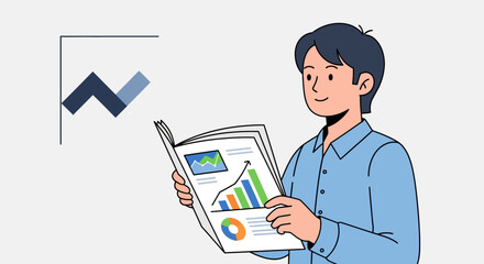 Analyzing Business Data A Man Reviews a Report with Charts and Graphs