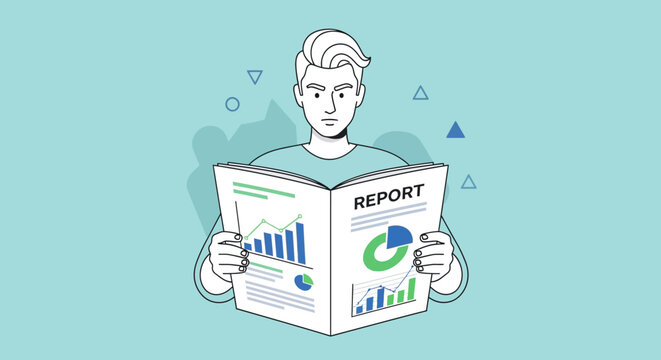 Man reading business report with financial charts and graphs, illustration