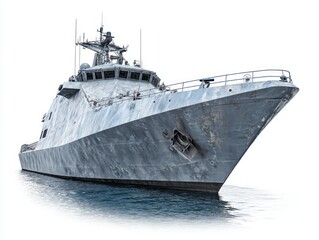Naklejka premium A gray warship, sharply defined against a pure white background, displays a powerful and imposing presence on the water's surface.