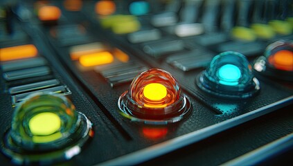 Close-up of glowing buttons on a dark, futuristic control panel.  Colorful lights illuminate the glossy surfaces