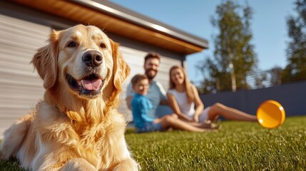 A joyful family of four plays fetch with their golden retriever in a sunny backyard, showcasing the love between pets and people.