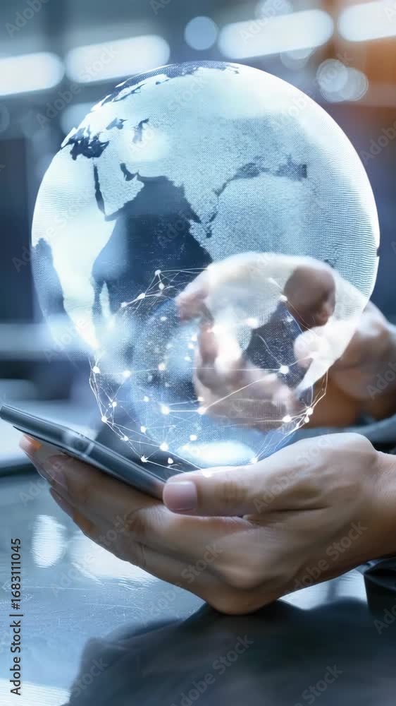 Poster hands holding a smartphone display a glowing globe, emphasizing global connectivity and technologica