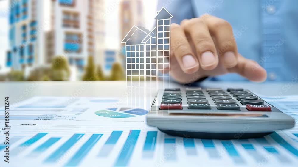 Poster analyzing financial data for property investments involves using a calculator to assess potential re