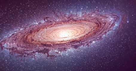 Zooming camera on spiral galaxy in deep space, revealing bright core, spiral arms, background stars - Powered by Adobe