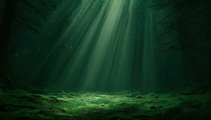 Sunlight streams into a deep, dark forest.  Moss-covered ground and lush greenery