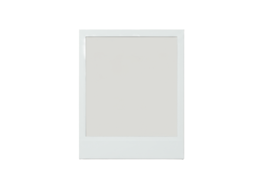 Clean, empty, retro-style instant camera photo frame with thick white borders, flat lay on a transparent background with soft studio light, concept of a blank canvas