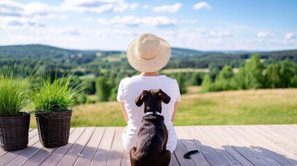 A joyful senior woman enjoys coffee on a sunny terrace with her dog, embracing a peaceful summer morning outdoors.