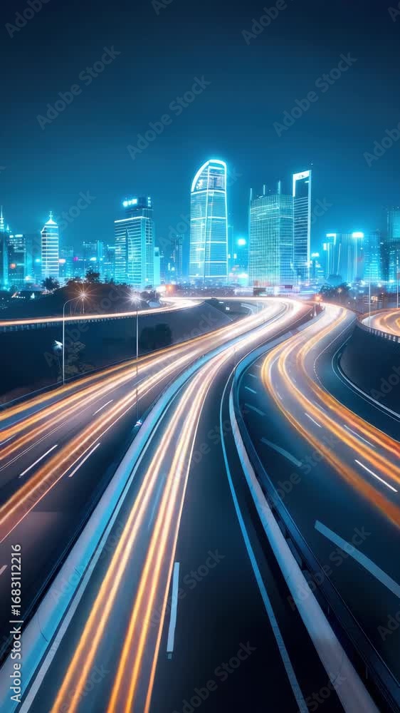 Poster Dynamic light trails on highways create a captivating view of the city at night, showcasing modern architecture and vibrant colors
