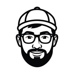 A simple black and white illustration of a smiling man with a beard glasses and a baseball cap.
