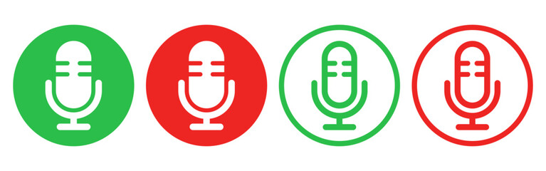 音声入力とマイクのオンオフ、ベクターアイコンセット（線画・塗り・赤・緑）