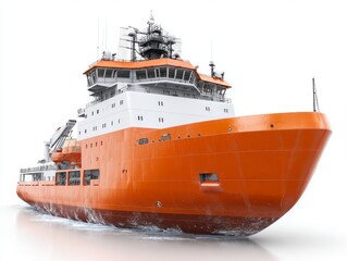Fototapeta premium A large, orange and white tugboat is seen cutting through choppy waters against a bright white background.