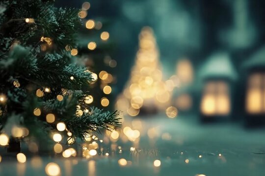 Beautiful Christmas defocused blurred background with Christmas tree lights in the evening.
