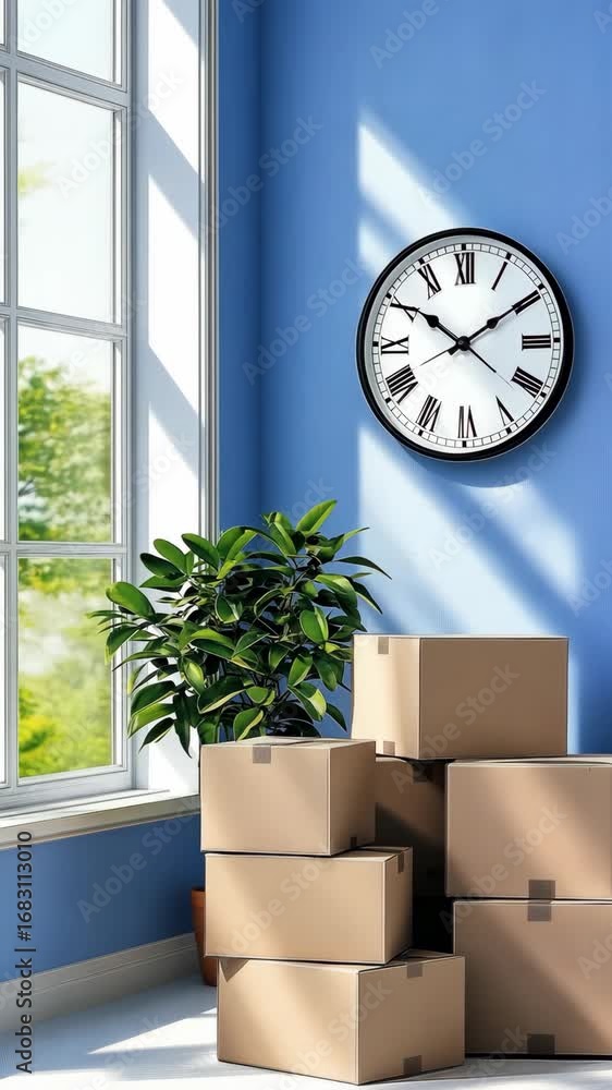 Poster sunlight fills a vibrant room as moving boxes are stacked and a clock hangs on the wall, creating an