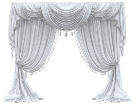 A pair of elaborate, white drapes with a swagged valance