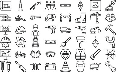 Obraz premium Construction industry icons blueprint planning and tools equipment