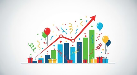 Business Growth Celebration - Rising Graph with Gifts and Balloons.