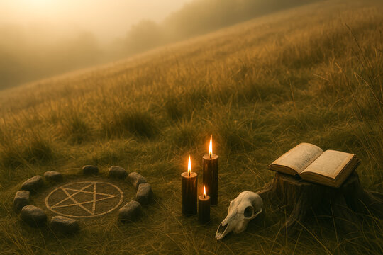 Mystical scene with candles, a book, and a pentagram symbol