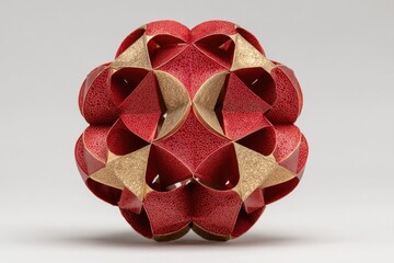 Red and gold geometric sphere.  Complex, intricate,  origami-style design
