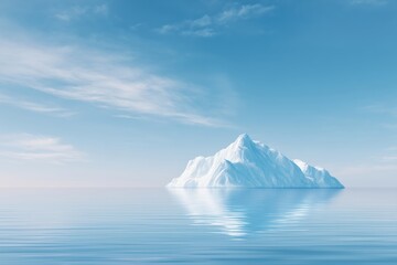 Majestic iceberg floating in calm blue waters under a clear sky, reflecting serene hues, creating a tranquil and peaceful atmosphere in a remote natural setting
