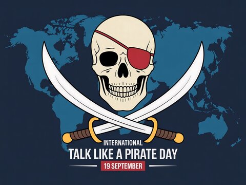 International talk like a pirate day skull and crossbones with crossed sabers over a world map