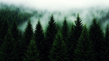 Obraz premium A serene misty landscape featuring a fir forest, captured in a vintage retro style, perfect for travel and nature enthusiasts.